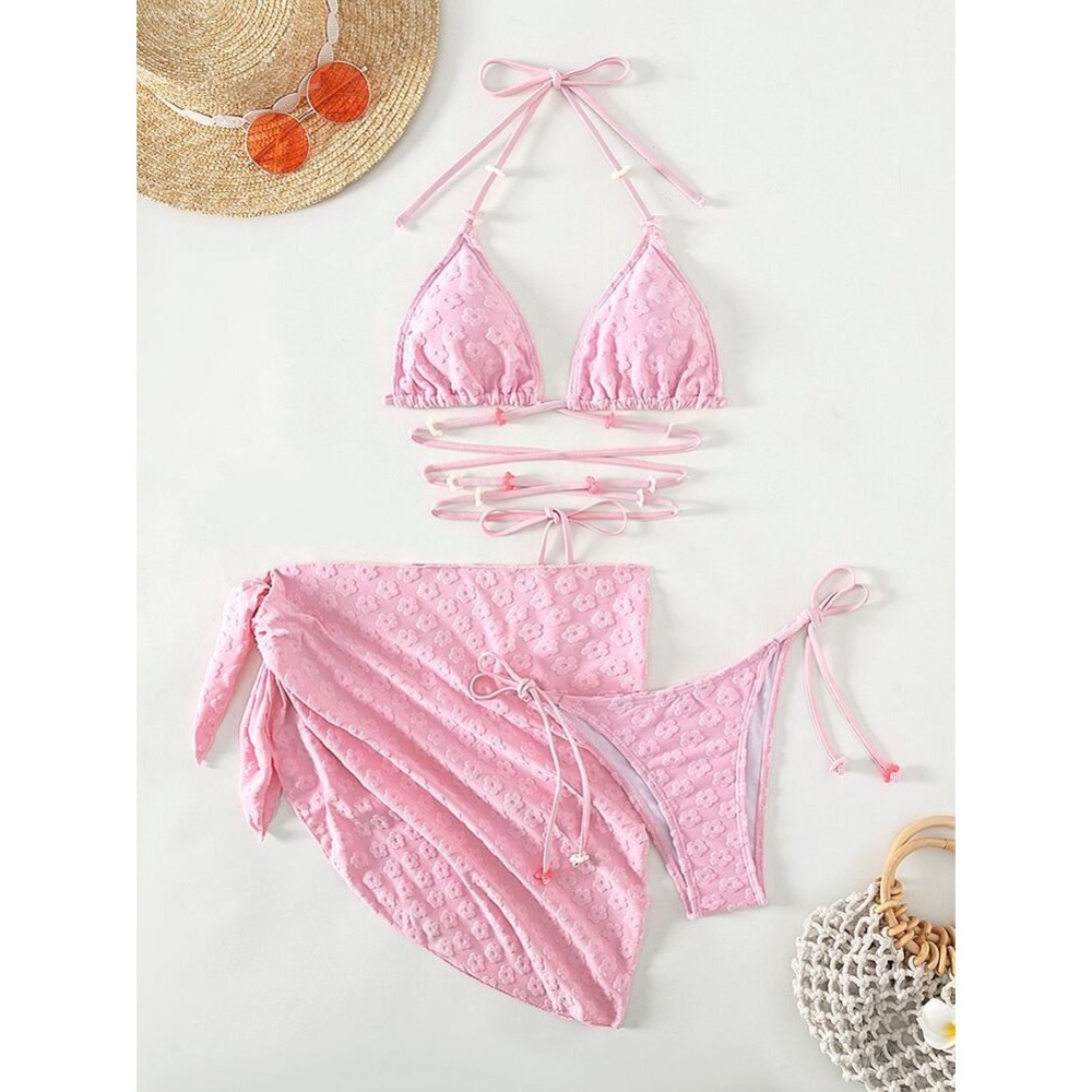 SHEIN Pink Floral Textured 3 Piece Bikini Set with Sarong Cover Up Small - Picture 3 of 8
